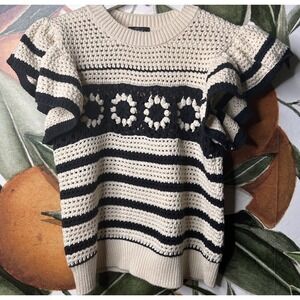 Rails Penelope Oat Navy Crochet Stripe Ruffle Short Sleeve Sweater Granny Square
